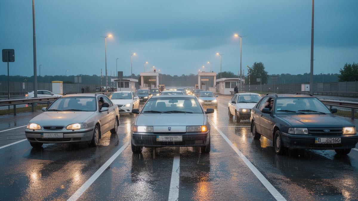 Cars queued in marked lanes at a border checkpoint in western Ukraine at dusk