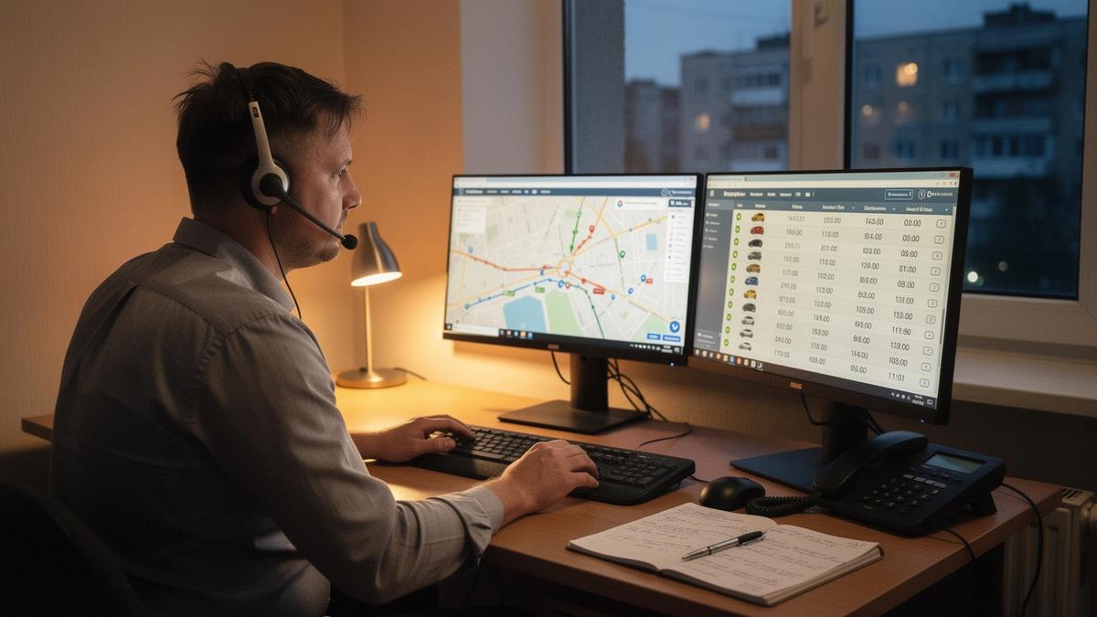 Dispatcher at the Kyiv desk answering booking calls for intercity transfers