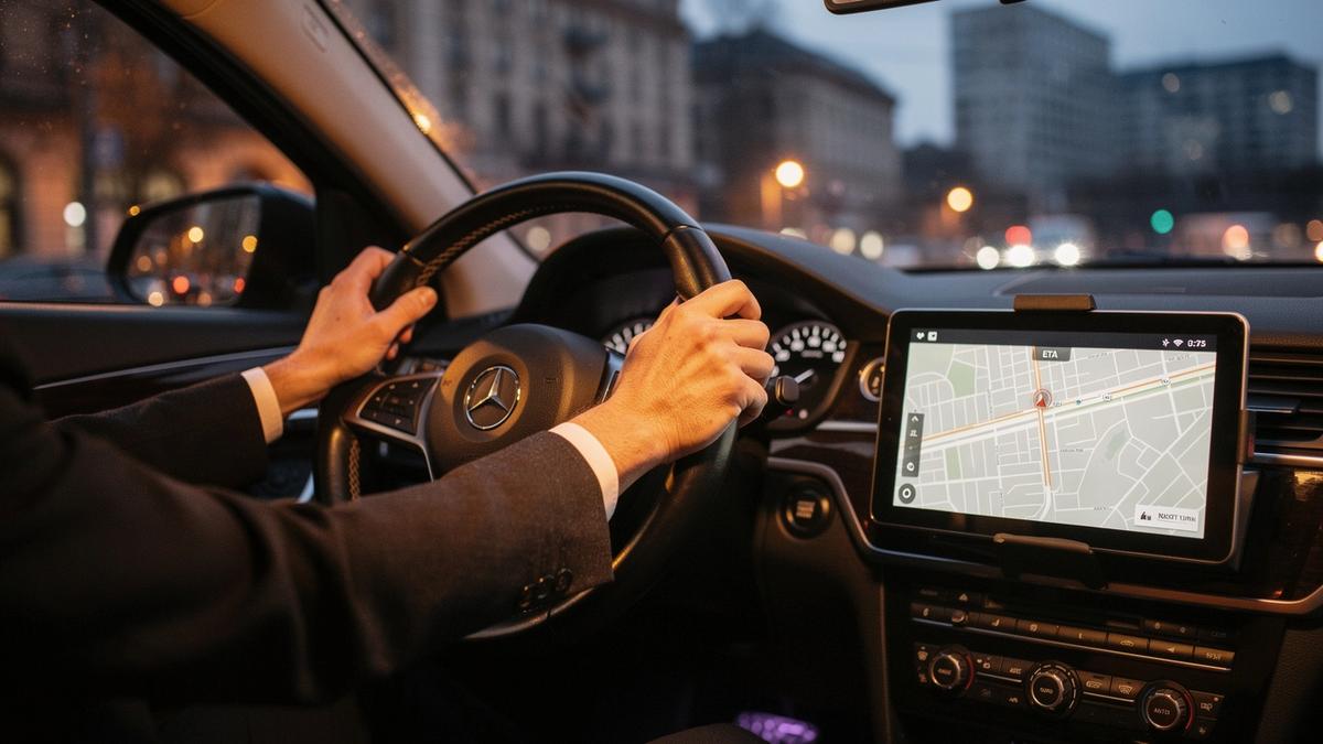 Chauffeur's hands on the steering wheel beside a tablet showing the live route