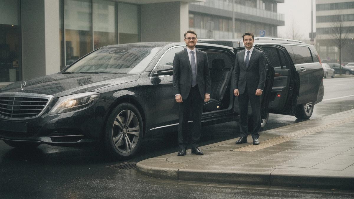 A business sedan and a comfort minivan parked side by side at a city kerb in Kyiv