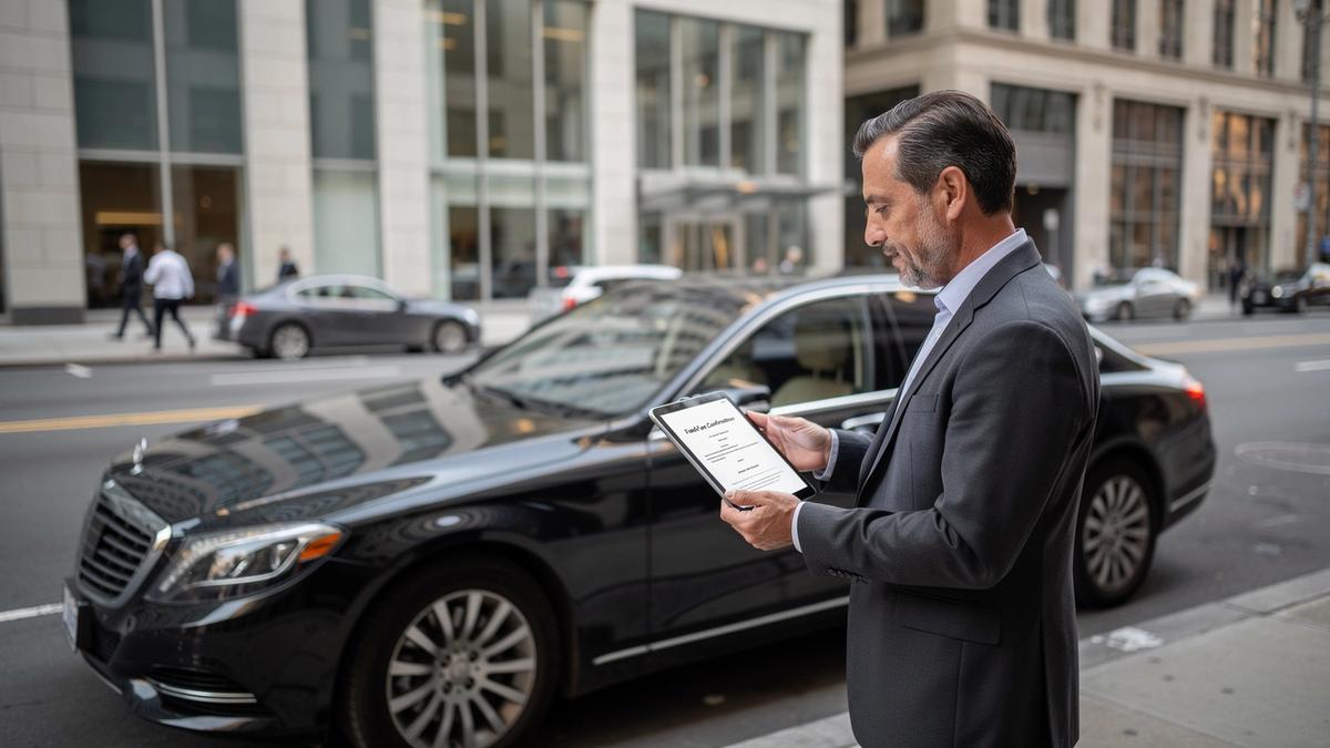 Chauffeur reviewing a fixed fare confirmation on a tablet beside an executive sedan
