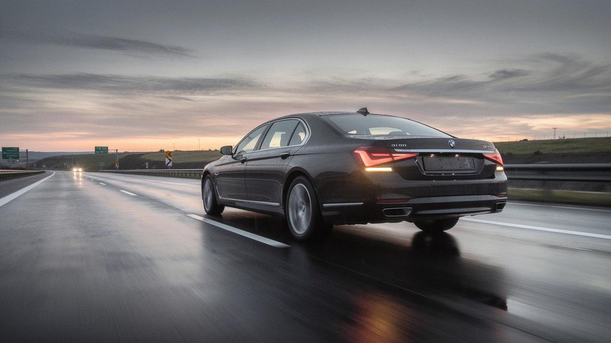 Business sedan on the Kyiv to Lviv highway at dawn with headlights on