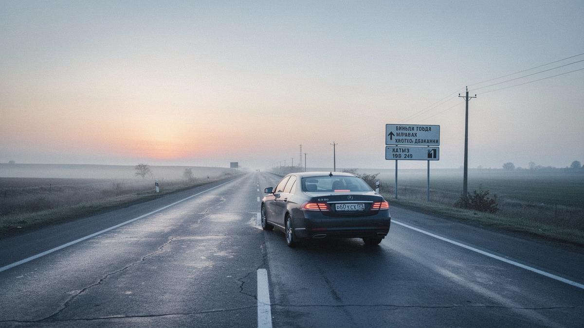 Chauffeur car on an intercity highway at first light